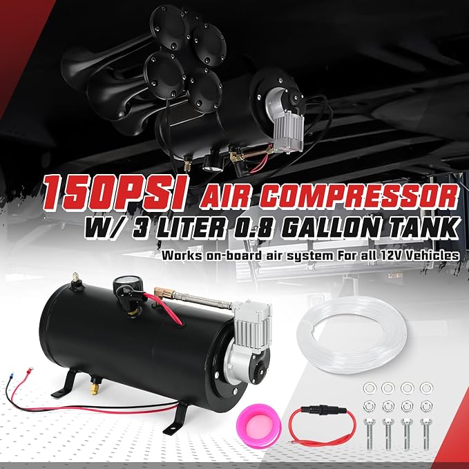 PTNHZ DC 12V MAX 150PSI Air Compressor Tank Pump w/3 Liter 0.8 Gallon Tank For Train Truck Boat Pickup Motorhome Portable Air Compressor Pump