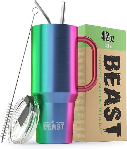 Beast 42 oz Tumbler with Handle Stainless Steel Vacuum Insulated Coffee Ice Cup Double Wall Travel Flask (Rainbow)