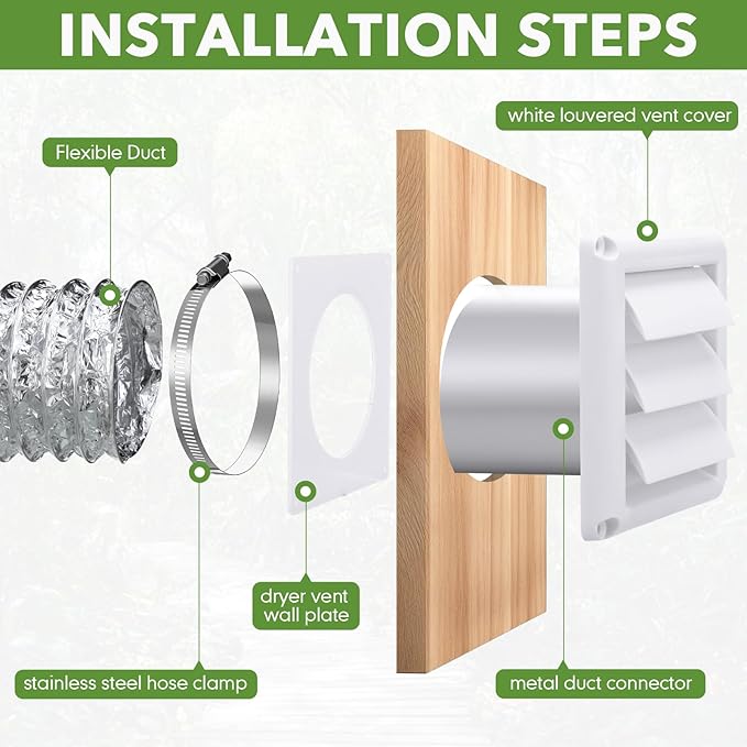Glooglitter Dryer Vent Kit 4 Inch Dryer Ducting Tube Vent Hose Connector Wall Ducting Kit for Air Circulation(Silver)