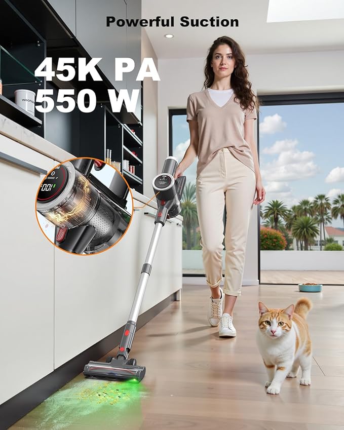 Cordless Vacuum Cleaner, Stick Vacuum Rechargeable, 550W 45KPA Powerful Suction Lightweight Vacuum Cleaners for Home, Anti-Tangle, Self Standing for Pet Hair Hardwood Floor Carpet - Silver