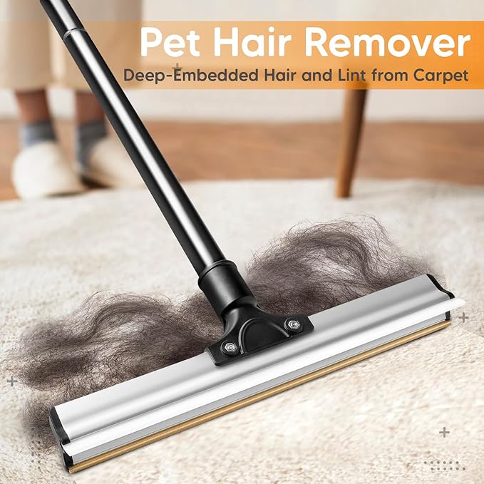 Dual Side Pet Hair Remover, Adjustable Carpet Rake Hair Removal Tool with Copper Serrated & Silicone Edge, Reusable Dog Cat Hair Remover Broom for Embedded Fur Removal from Carpet