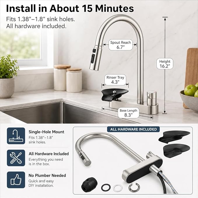 Kitchen Faucet with Pull Down Sprayer and Cup Washer, Glass Rinser Faucet, Lead-Free Brass Waterway, 3 Spray Modes, Single Handle, Single Hole Kitchen Sink Faucet, Brushed Nickel
