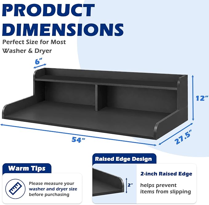 Royxen Laundry Countertop with Storage Universal Fit, Washer and Dryer Countertop with Shelf, Laundry Room Storage, 2-Tier Shelf (Black)