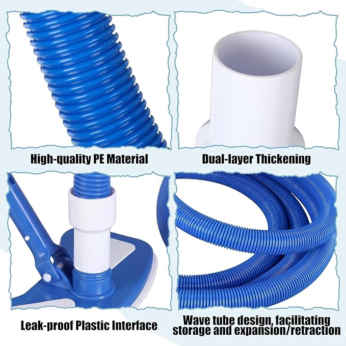 4 Pcs Pool Cleaning Kit 4-in-1 Above Ground Pool Maintenance Include 1-1/4" x 16 ft Vacuum Hoses with Weighted Vacuum Head Connect 1-1/4" or 1-1/2" Hose Brush Skimmer Net, Not Include Pole
