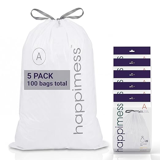 happimess 8 Gallon (30L) Drawstring Trash Bags, Unscented, White, Heavy Duty LDPE Liners for Kitchen and Household, Custom Fit 100 Count (5 Packs of 20 Liners) HPM3000A-W-5SET