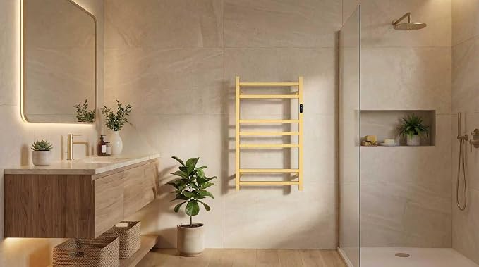 Luxury Heated Towel Rack for Bathroom, Wall Mounted Electric Towel Warmer Racks with Timer & Temperature Multi-Level Adjustable, 7 Bar Stainless Steel Towel Heater for Bathroom (Brushed Gold)
