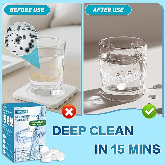 Retainer Cleaner Tablets, Denture Cleaner Effervescent Tablets - 120 Count, 4 Month Supply, Remove Stains & Odors for Clear Aligners, Night Guards, Mouthguards, Non-Abrasive, Bleach-Free
