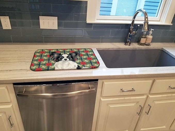 Caroline's Treasures Black and White Papillon Christmas PoinsettIas Dish Drying Mat Absorbent Dish Drying Mat Pad for Kitchen Counter Dish Drainer Mat for Countertop, 14 x 21", Multicolor