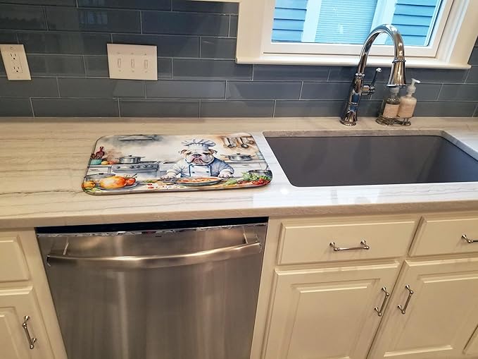 Caroline's Treasures DAC6243DDM English Bulldog The Chef Dish Drying Mat Absorbent Dish Drying Mat Pad for Kitchen Counter Dish Drainer Mat for Countertop, 14 x 21", Multicolor