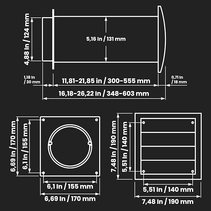 Repa Market 5 Inch Plastic Through Wall Ventilation Kit - Dryer Vent Cover with Cuttable PVC Pipe and Duct Connector - White Indoor Dryer Vent Kit - Dryer Exhaust vent with Backdraft Flaps