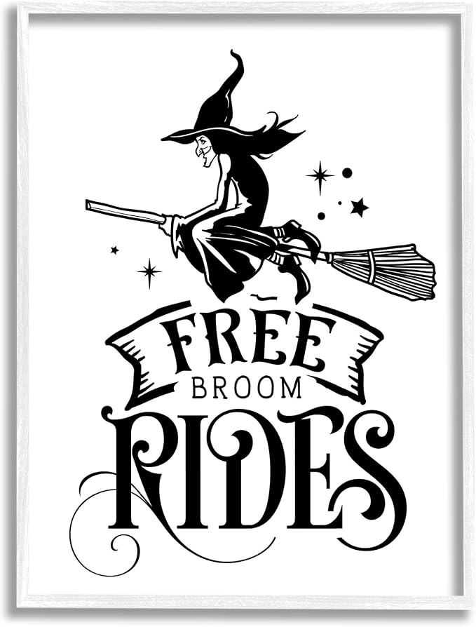 'Free Broom Rides Typography Magical Witch'| Framed Giclee Art | Stupell Industries | White, 11 x 14 Inches, Easy to Hang and Sturdy, Made in USA, by Lettered and Lined