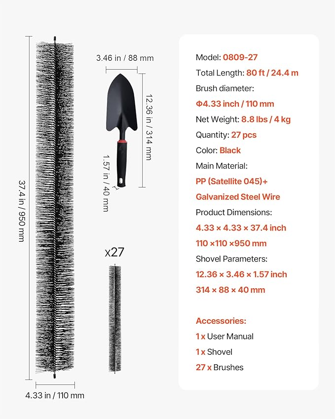 VEVOR Gutter Brush, 4.33 inch Diameter 80 Feet Total Length Gutter Cleaning Tools, Ground-Level Brush Leaf Guard for 5 Inch Gutters, Easily Clear Roof Leaves and Debris, 27 Pack
