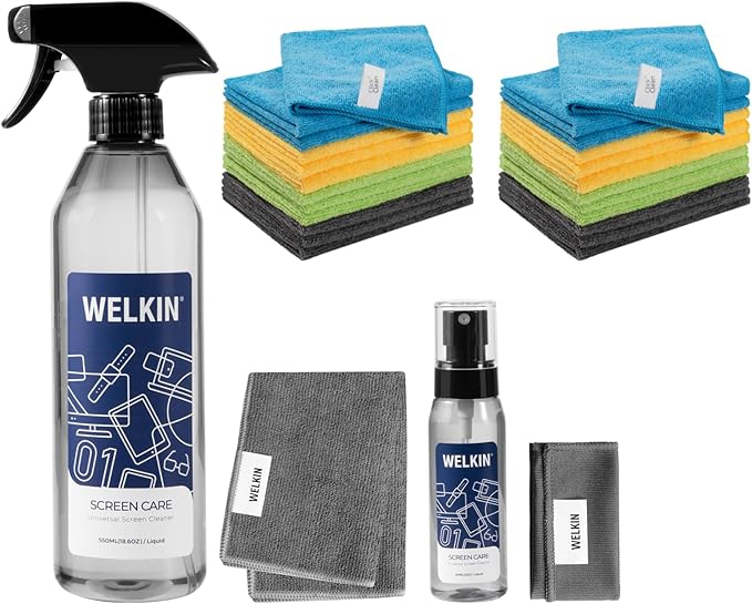 WELKIN Screen Ceaning Mist Kit (550ml + 60ml) & 24 Pack Microfiber Cleaning Cloths