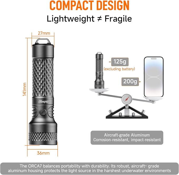 ORCATORCH ORCA7 Dive Light, 3000 Lumens SOS Signal Scuba Diving Flashlight, 6° Narrow Beam Underwater Torch, IP68 Waterproof Rated to 150M for Night Diving, Cave Exploration&Technical Scuba Gear(Gray)