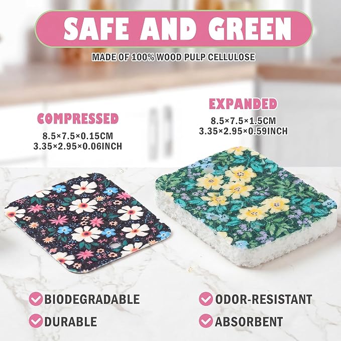 Hahafelt 36 Counts Compressed Cellulose Sponges Bulk Craft Pop up Floral Pattern Natural Kitchen Compostable Non Scratch Dish Sponges for Washing Dishes, Cleaning Countertop Sink