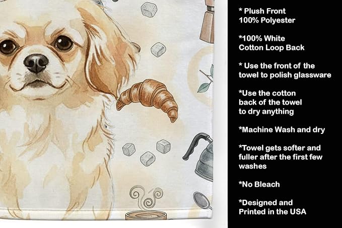 Caroline's Treasures Cream Tibetan Spaniel Coffee Bar Kitchen Towel Velour Plush Front and Cotton Loop Back Machine Washable