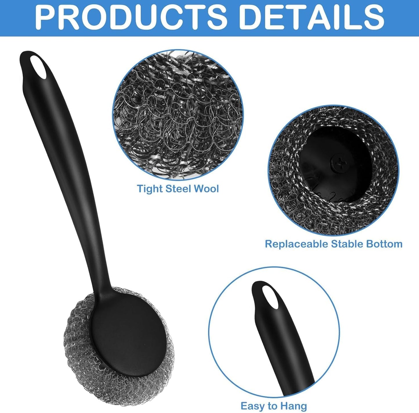 Scrubber with Handle Comes with Three Replacement Balls Steel Wool, Short Handle Scrubber, Steel Wool Scrubber Supplies Dish Scrubber, Stainless Steel Scrubber Tool Metal Scrubber for Dishes