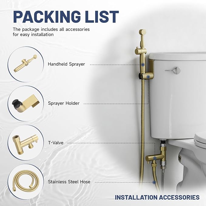 Bidet Sprayer for Toilet Brushed Gold Bidet Attachment for Toilet with Adjustable Pressure Control 3”-11” Spray Reach Brass Cloth Diaper Sprayer