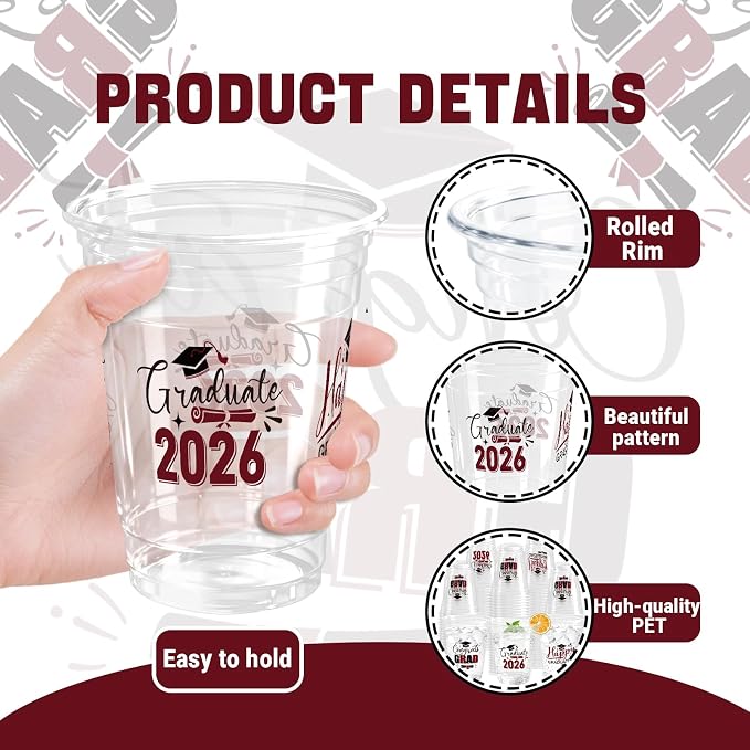 100 Pack Graduation Plastic Cups 12 oz Red Disposable Class of 2026 Decorations Graduation Party Favor Drinking Beverage Cup for Party Supplies Decorations