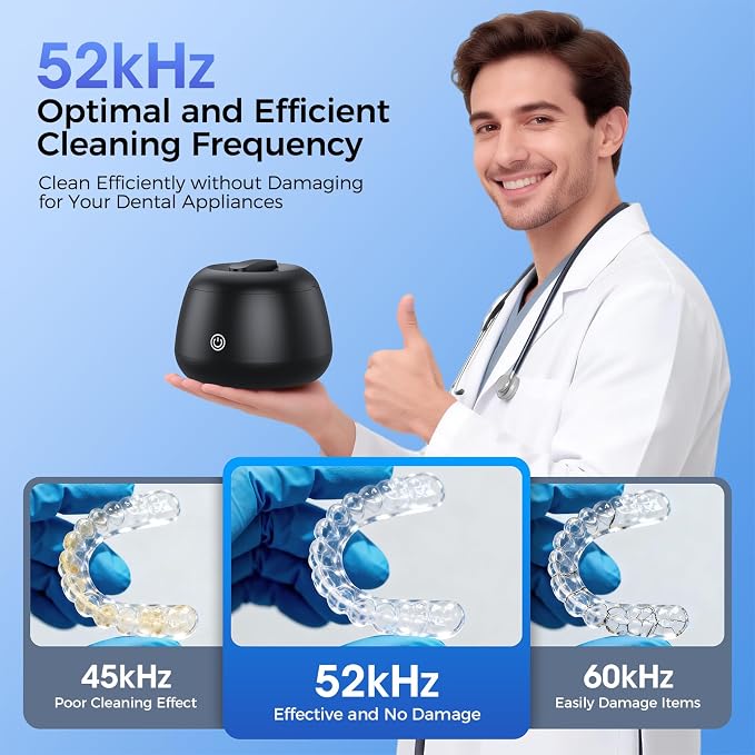 CALOTO Ultrasonic Retainer Cleaner Machine, 52kHz Ultrasonic Denture Cleaner for Night Guards, Braces, Aligner, Toothbrush, Jewelry and More, Dental Cleaning Pod with Digital Timer & 250ML, Black