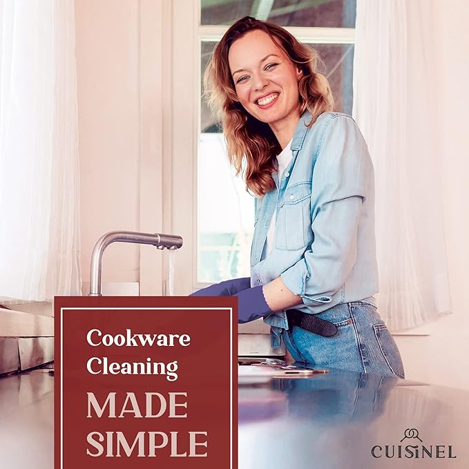 Cuisinel Cast Iron Scrubber Cleaning Brush + Stainless Steel Chainmail + Pan Scraper - Skillet, Grill Cleaner Kit - Soft-Touch Easy-Grip Dish Scrub Tool - Bristles Tough on Grease - Gentle on Cookware