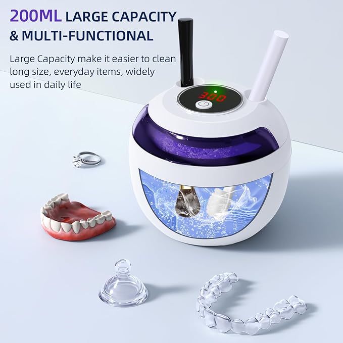 EcoBasic Retainer Cleaner, 45kHz Ultrasonic Retainer Cleaner Machine with 200ML Capacity & 4 Modes for Dentures, Aligners, Mouthguards, Retainers, Jewelry and Denture Appliances, White