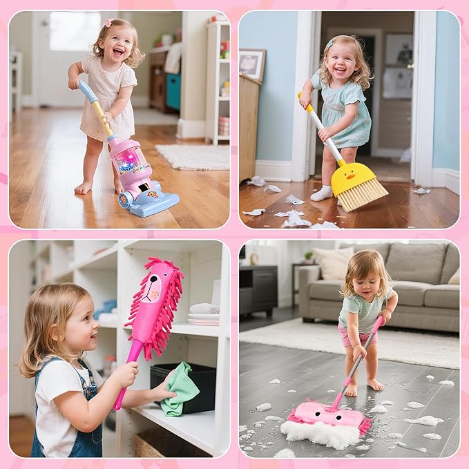 TUZT Kids Cleaning Toys Playset for Ages 2-4, Compact 6-Piece Pretend Vacuum with Light & Sound (No Suction), Animal Broom Mop Set for Toddlers, Apartment-Friendly Educational Role Play Gift