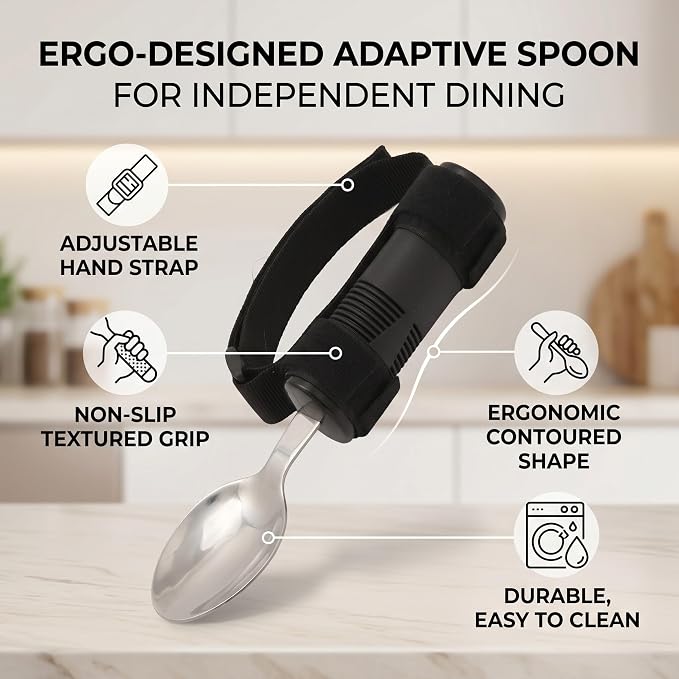 Adaptive Utensil, Supportive Special Supplies Spoon for Hand Tremors, Parkinsons, Arthritis, Elderly, Wide Spoon with Anti Slip Handle and Adjustable Strap