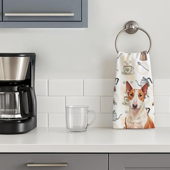 Caroline's Treasures Red and White Bull Terrier Coffee Bar Kitchen Towel Velour Plush Front and Cotton Loop Back Machine Washable