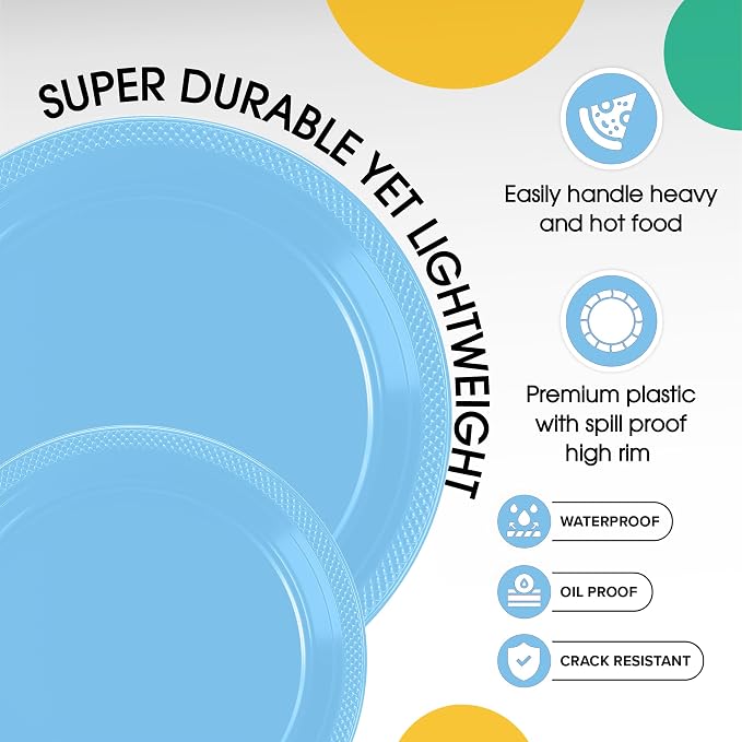 Exquisite Party Solids Light Blue Plates Disposable Light Blue Plastic Plates 100 Pieces - 50-7" & 50-9" Heavy Duty 350 GSM Disposable Dinnerware Sets, Plastic Dinnerware Sets