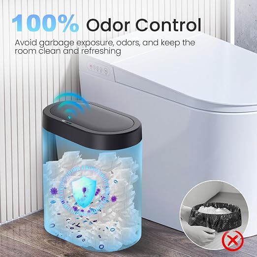 jinligogo 2 Pack 5 Gallon Bathroom Trash Can with Lid, Automatic Motion Sensor Black Trash Can, Touchless Slim Waterproof Garbage Bin for Kitchen, Bedroom, Office, and Bathroom