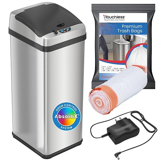 iTouchless Touchless Trash Can with AC Adapter and 10 Premium Bags, Odor Control System, Big Lid Opening Sensor Kitchen Garbage Bin, 13 Gallon, Stainless Steel, Platinum