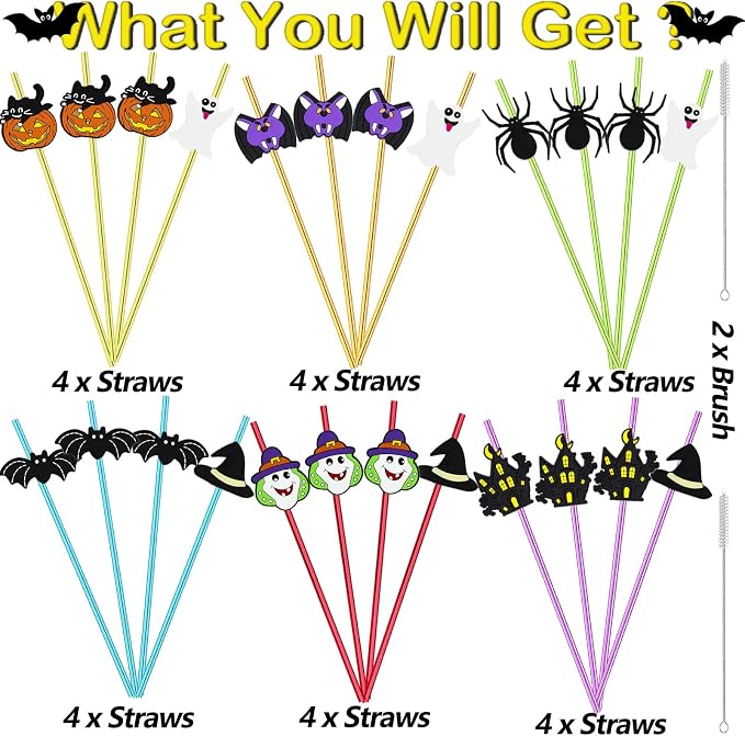 24pcs Halloween Party Favor Castle Bat Pumpkin Ghost Cat Witch Spider Pattern Reusable Straight Straws Party Favor Halloween Party Supplies with 2 Cleaning Brushes 6 Colors.