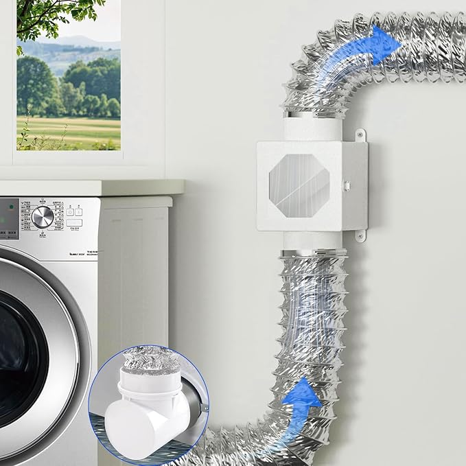Metal Dryer Lint Trap & Catcher - Indoor Dryer Vent Kit with 90 Degree Dryer Vent Elbow,4" Hose & Clamps - Secondary Lint Box for Electric Dryers - Inline Lint Trap Box with Clear Window