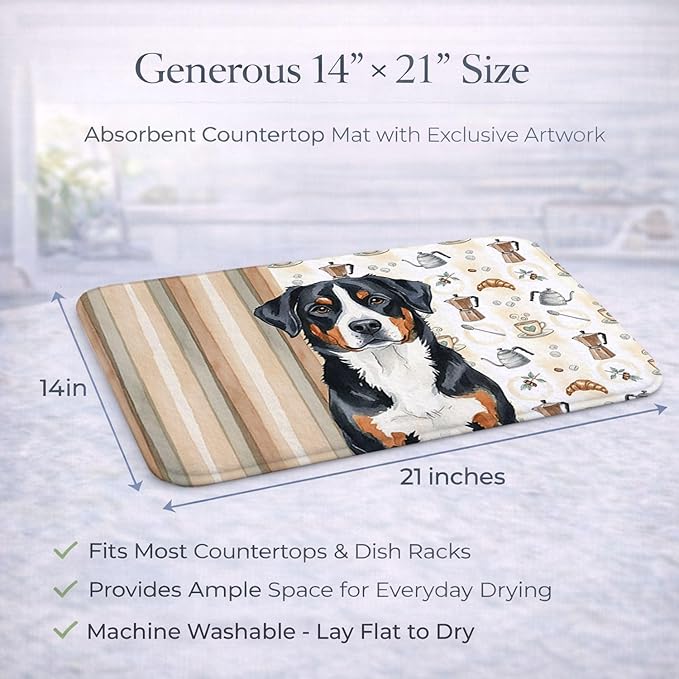 Caroline's Treasures Greater Swiss Mountain Dog Coffee Bar Dish Drying Mat Absorbent Dish Drying Mat Pad for Kitchen Counter Dish Drainer Mat for Countertop, 14 x 21", Multicolor