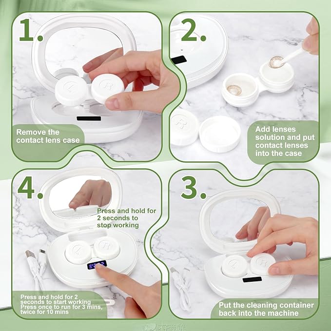Contact Lens Cleaner, Portable Ultrasonic Contact Lens Cleaning Machine with USB Charger, LED Timer Display & 5 Contacts Solution Cases Kit for Soft Hard Colored RGP Lenses (Avocado Green)