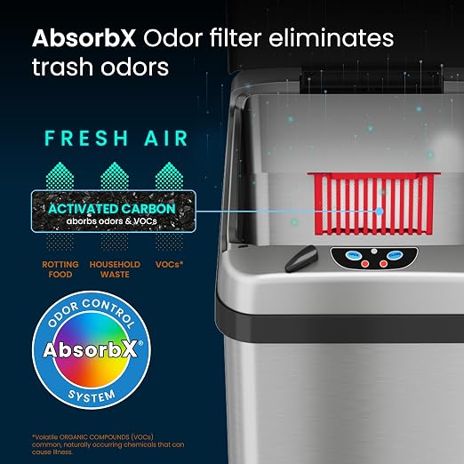 iTouchless Touchless Trash Can with AC Adapter and 10 Premium Bags, Odor Control System, Big Lid Opening Sensor Kitchen Garbage Bin, 13 Gallon, Stainless Steel, Platinum