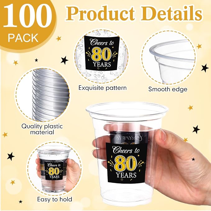 Funnymoom 100 Pack 80th Birthday Cup 12 oz Cheers to 80 Years Happy Birthday Disposable Clear Plastic Cups for Him Men Women Wedding Anniversary Decorations Party Favors