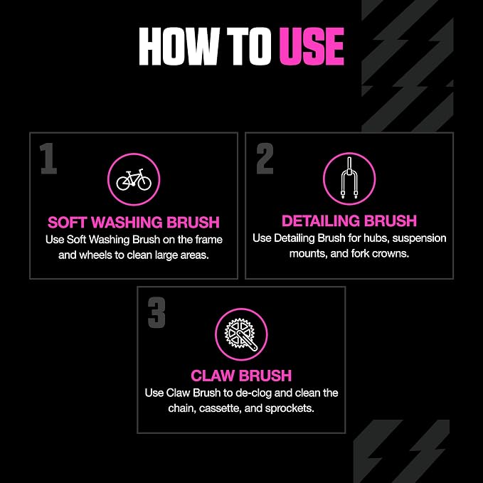 Muc-Off 220 3 Piece Premium Brush Kit - Includes 3 Bike Cleaning Brushes With Durable Nylon Bristles And Ergonomic Rubberised Handles To Minimise Impact