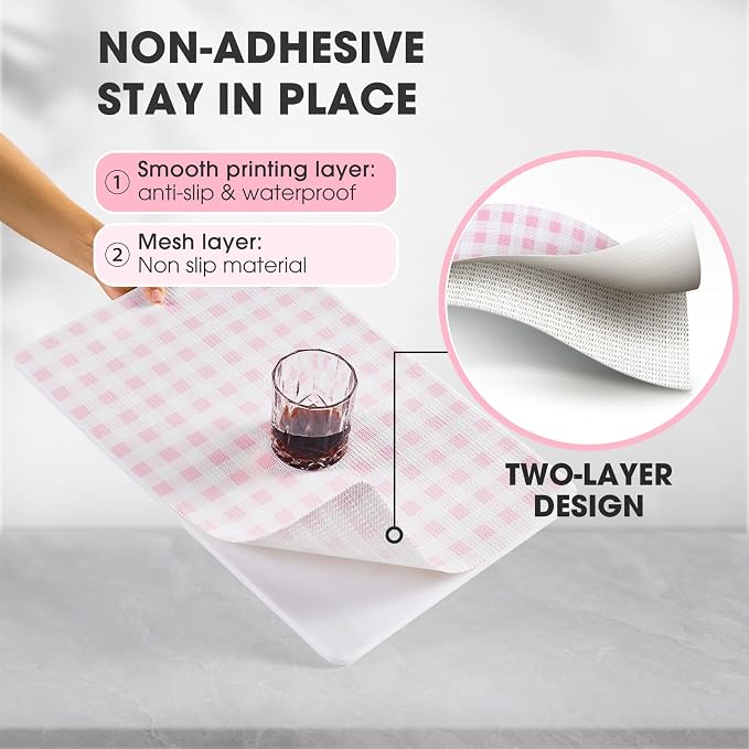 Drawer and Shelf Liner, Non-Slip Kitchen Cabinet Liners Non-Adhesive Thick Strong Grip Waterproof Washable Mats Protect Dresser Shelves Cupboard Bathroom Cabinets, Pink Plaid, 12 in X 20 FT
