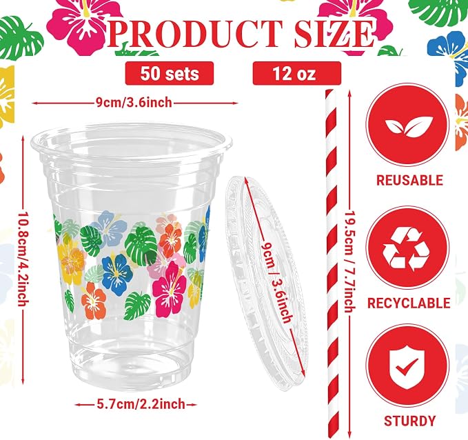 50 Sets Hawaii Hibiscus Flower Plastic Cups with Lids Straws 12 oz Colorful Tropical Flower Disposable Cups Drinking Cold Beverage Cup for Summer Beach Luau Aloha Birthday Party Supplies