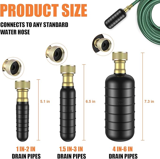 3 Pcs Drain Bladder Kit, Drain Cleaning Bladder Fits 1" to 6" Pipes, with 10 ft Retractable Hose, Shut-Off Valve & Brass Faucet Adapter Fits Most Faucets– For Sinks, Showers, Pools & Drains (Green)