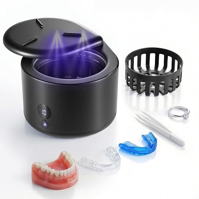 45khz Ultrasonic Retainer Cleaner Machine, Dental Cleaning Pod with 4 Modes & Digital Timer, Mouthguard Cleaner for Dentures, Aligners, Mouth Guards, Night Guards, Jewelry