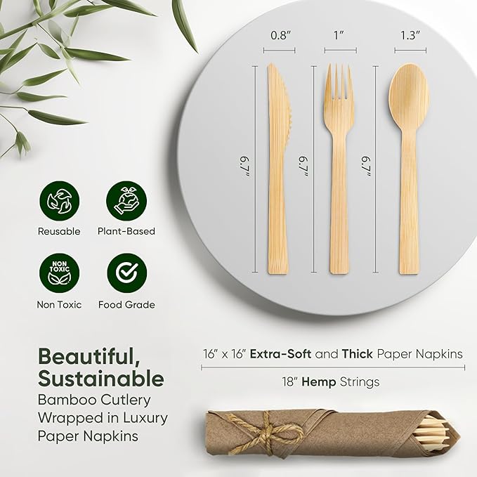 EcoPreps Premium Pre Rolled Brown Paper Napkin and Bamboo Cutlery Set (50 Pack, 200 PCS) 100% Biodegradable, Disposable Wrapped Disposable Silverware Cutlery - Pre-Wrapped Bamboo Forks, Knives, Spoons