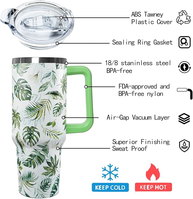 Ceovfoi 40 oz Green Insulated Stainless Tumbler - Tropical Plant Travel Coffee Cup, Water Bottle, Gardeners Gift