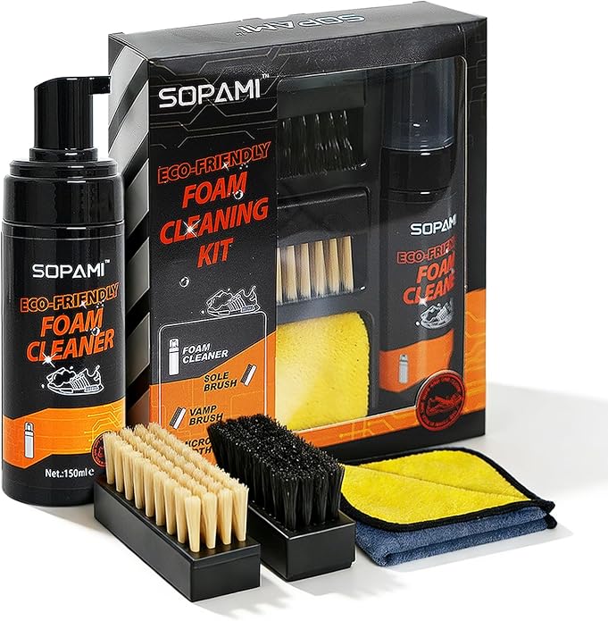 SOPAMI Shoe Cleaning Kit – Premium Foam Shoe Cleaner with Soft & Stiff Bristle Brushes and Microfiber Towels – Shoe Cleaner for Gym Tennis Sneakers, White Shoes, Leather, Mesh, Knit, Canvas & Nubuck