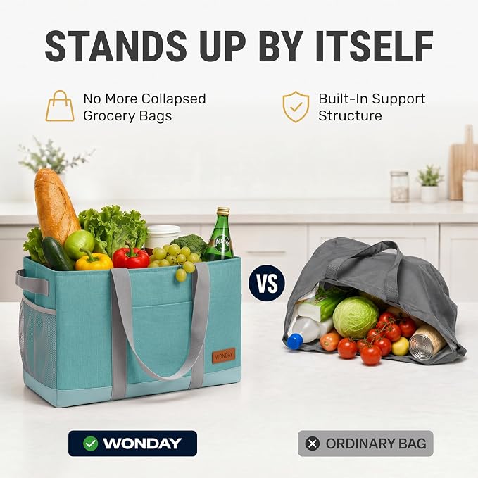 WONDAY Extra Large Utility Tote Bag - Standing Reusable Grocery Bag with Handle, Collapsible Storage for Shopping, Beach