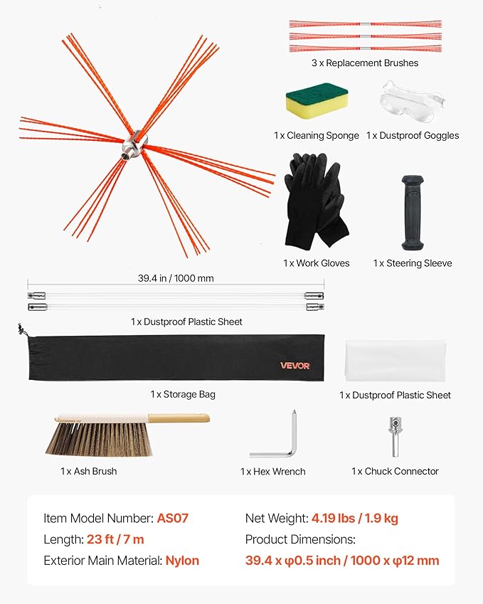 VEVOR Chimney Sweep Kit, 23 ft Maximum Extendable Length Chimney Brush, Chimneys Cleaning Kit with Bristle Replacements & Goggles, 90° Bendable Fireplace Cleaning Tool, for Square, Rectangle Chimneys