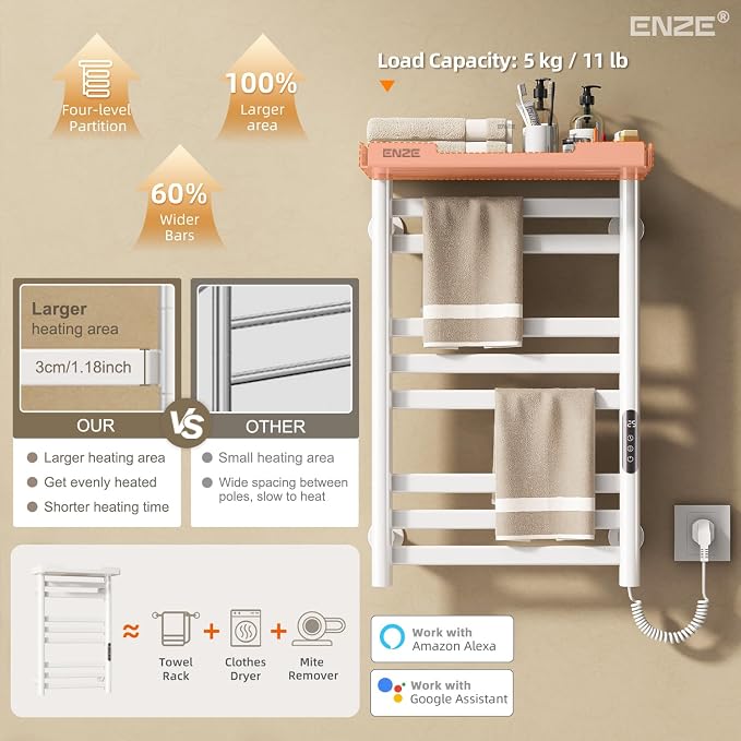 ENZE Smart Heated Towel Rack, 8-Bar Wall-Mounted Electric Towel Warmer with Shelf, Wi-Fi App Control, Adjustable Temperature & 24H Timer, Low Carbon Steel, IPX5, Plug-in/Hardwired, White