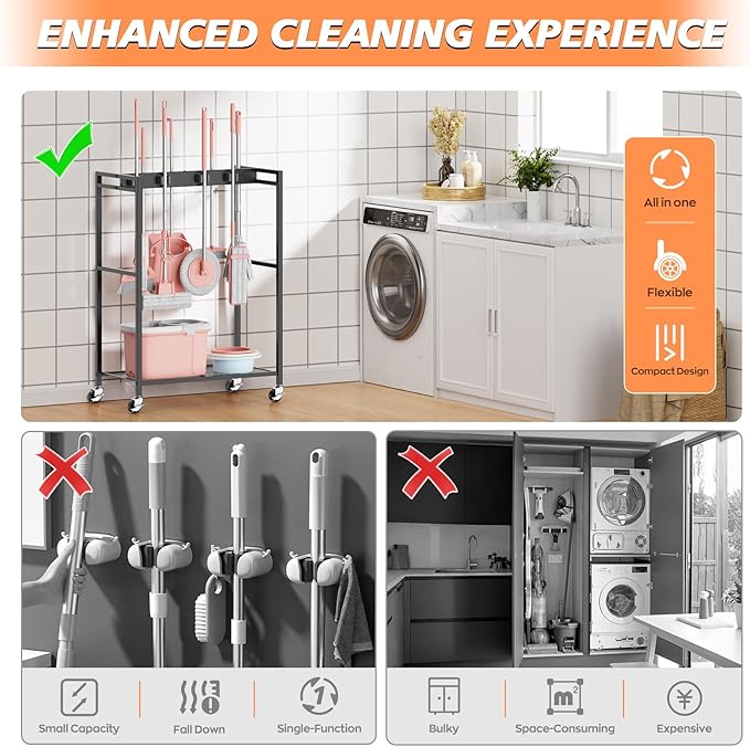 Broom and Mop Holder, MUNNAR Broom Closet Storage Cabinet, Cleaning Cart with Broom and Mop Hanger, Janitorial Cart with Wheels for Household, Laundry Room Organization